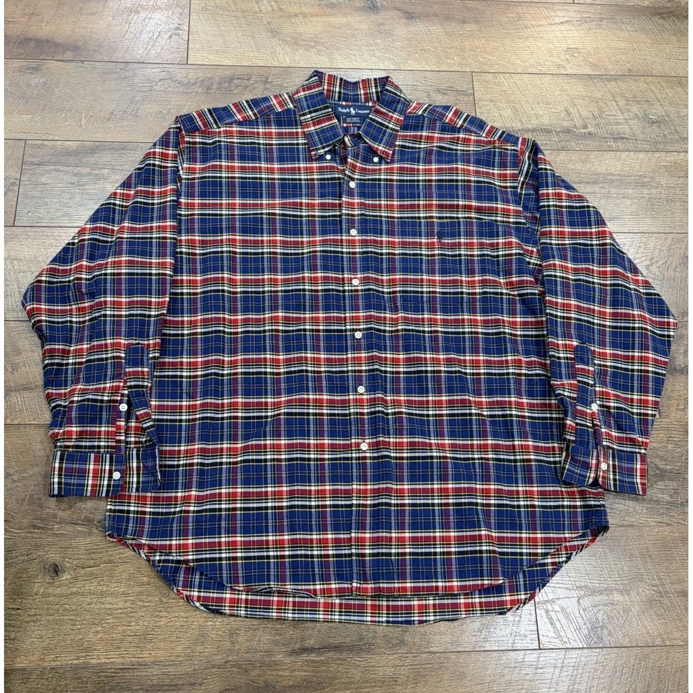 Vintage Polo Ralph Lauren Plaid Long Sleeve Button Up Big Shirt XL Blue Multi